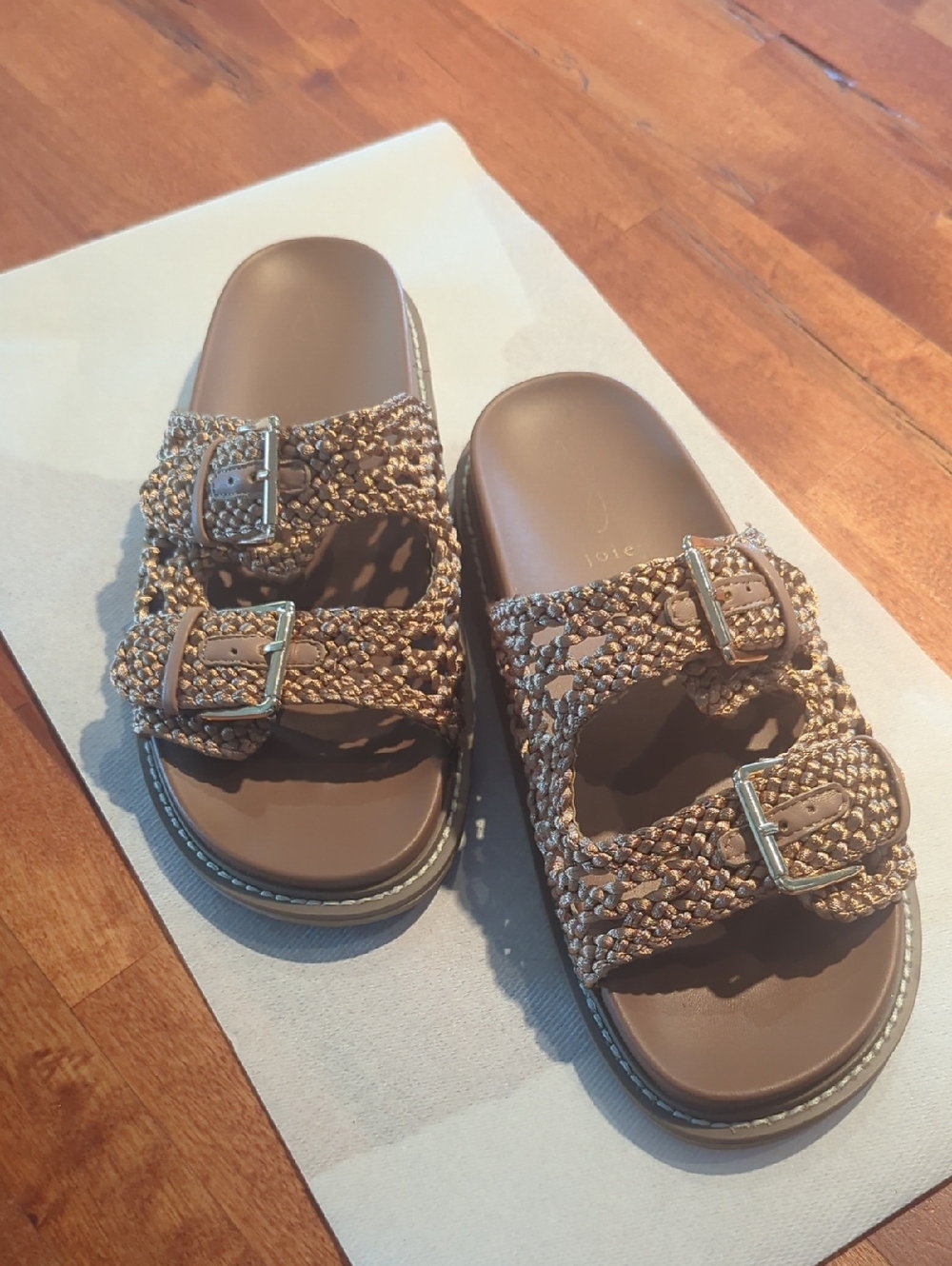 Braided Buckle Slide Sandals in Brown